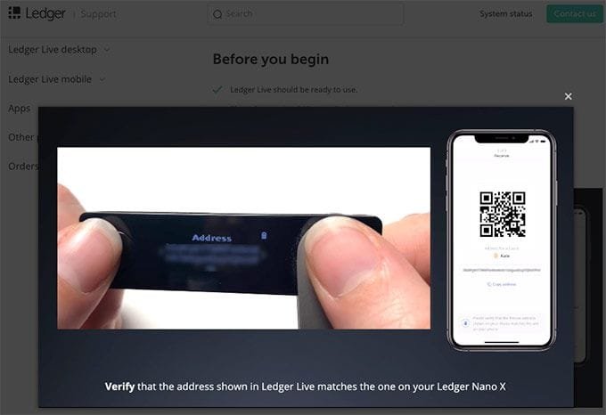 confirme se o endereço mostrado no Ledger Live
