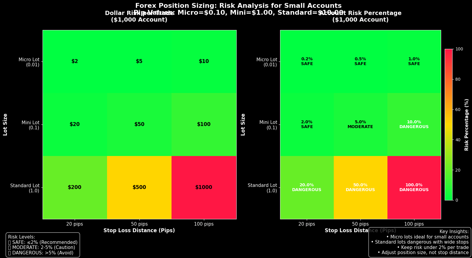 Figura 2: Análise de risco para diferentes tamanhos de posição em conta de $1.000