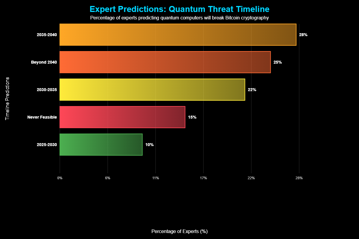 Computadores Quânticos Poderiam Destruir o Bitcoin: Mito ou Realidade? 2 Uma pesquisa conduzida pelo Global Risk Institute revelou que aproximadamente 22,7% dos especialistas acreditam haver boa probabilidade de computadores quânticos quebrarem RSA-2048 até 2030, enquanto cerca de 50% acreditam que isso acontecerá até 2035